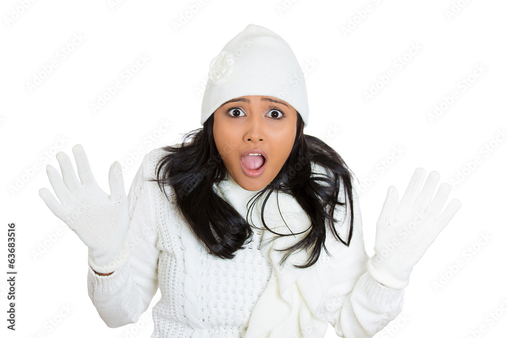Surprised winter weather woman isolated white background Surprised winter weather woman isolated white background