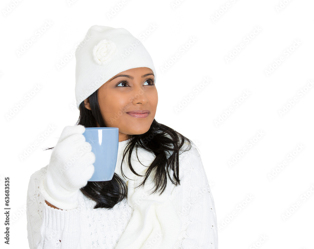 Winter woman enjoying mug of hot chocolate cocoa coffee Winter woman enjoying mug of hot chocolate cocoa coffee