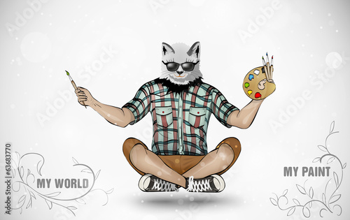 man with the head of a cat and paints concept of peace
