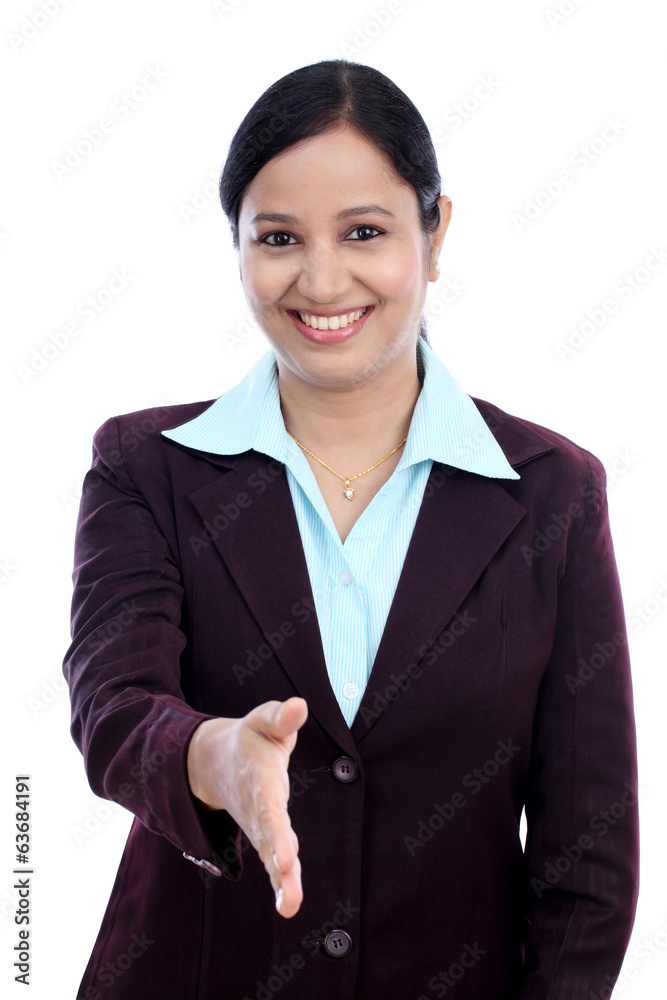 Business woman giving hand shake hand against white Business woman giving hand shake hand against white