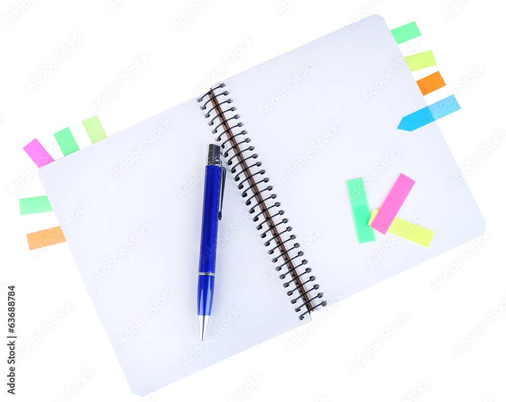 Notebook, pen, and stickers isolated on white