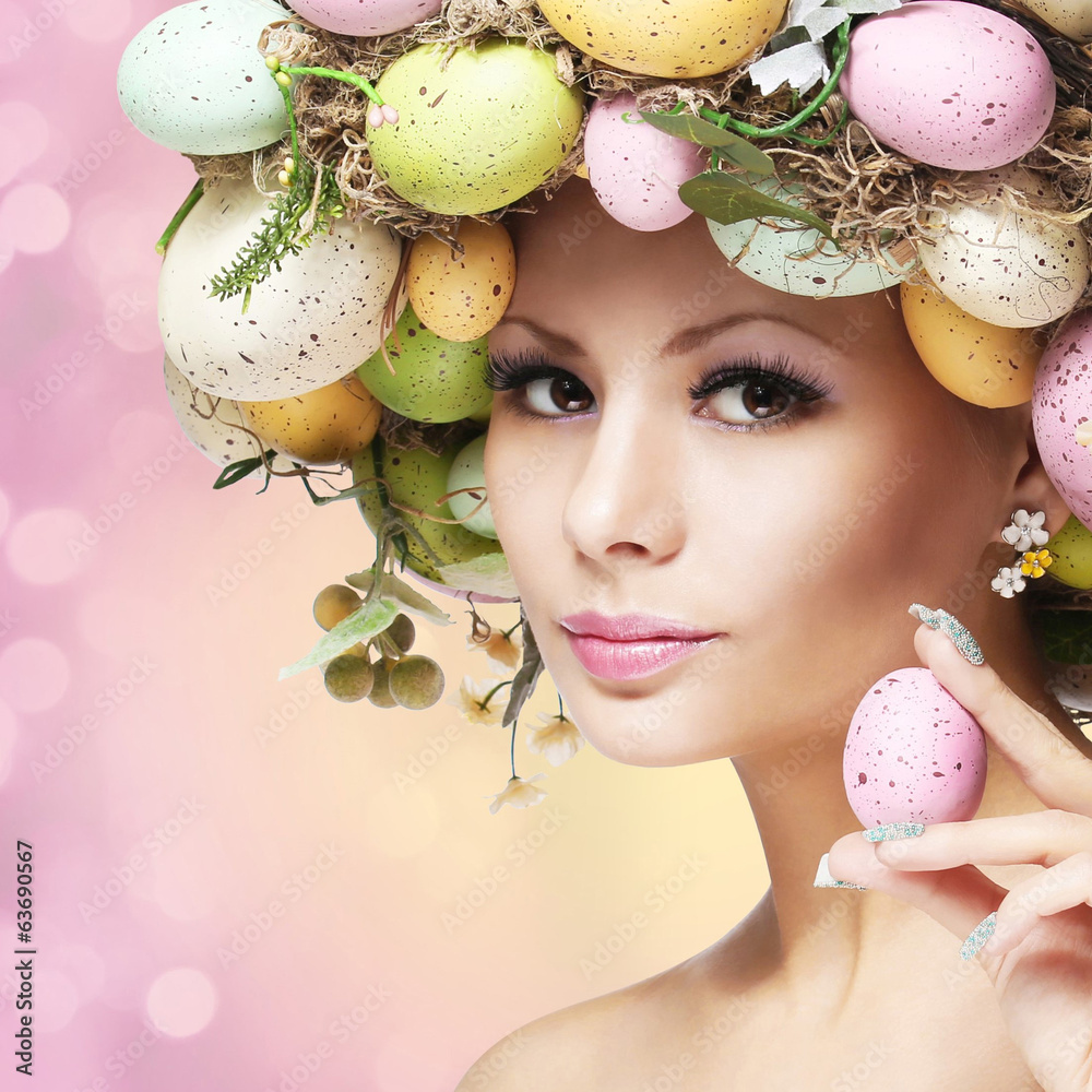 Easter Woman. Spring Girl with Fashion Hairstyle - obrazy, fototapety, plakaty 