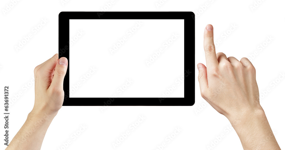 adult man hands using generic tablet pc with white screen adult man hands using generic tablet pc with white screen