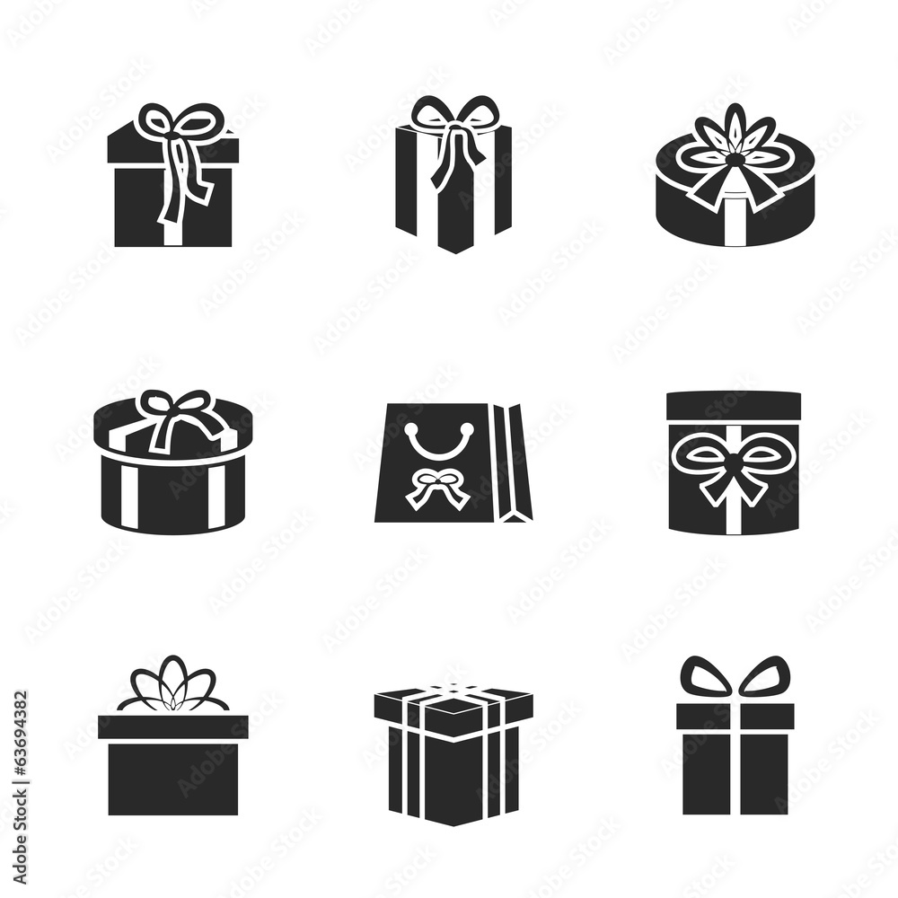Gift boxes icons set with different ribbons and bows Gift boxes icons set with different ribbons and bows