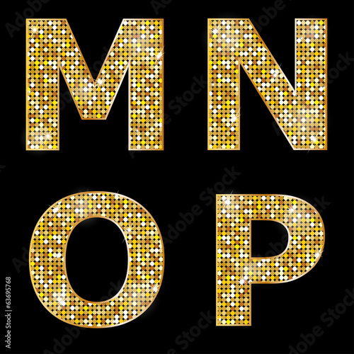 Golden metallic shiny letters M, N, O, P