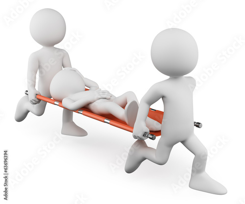 3D white people. Doctors carrying an injured on a stretcher photo