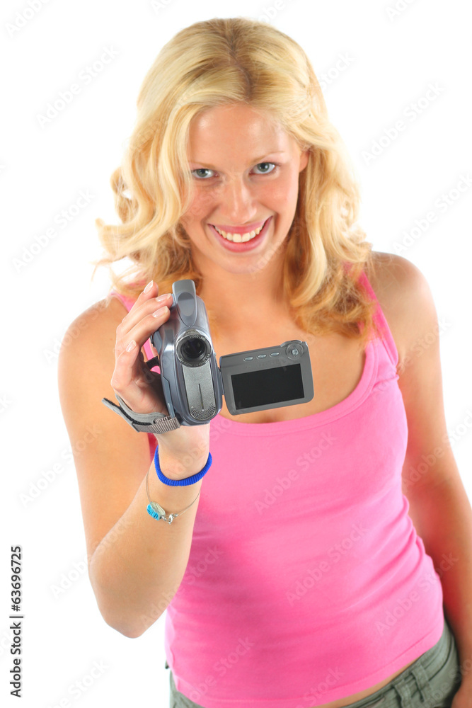 Attractive blonde girl recording with video camera Attractive blonde girl recording with video camera