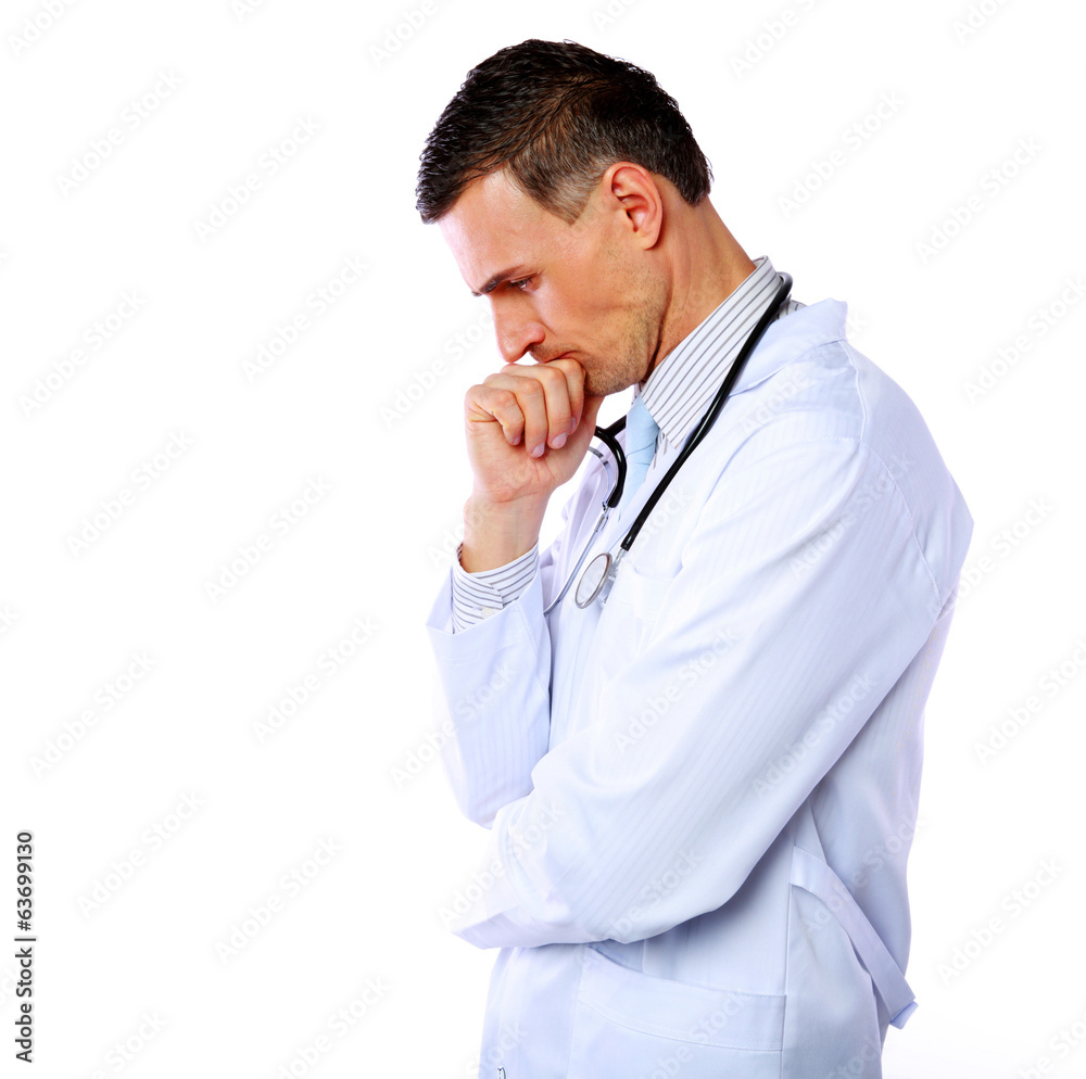 Portrait of a pensive doctor over white background Portrait of a pensive doctor over white background