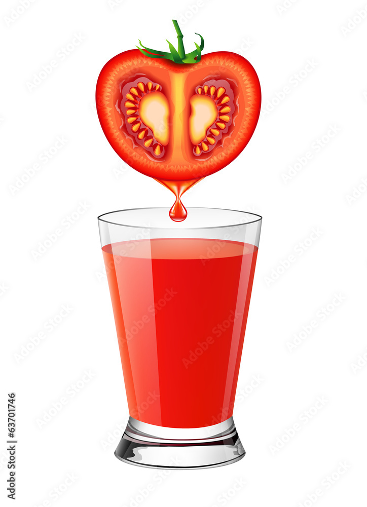 Glass of fresh tomato juice with tomato