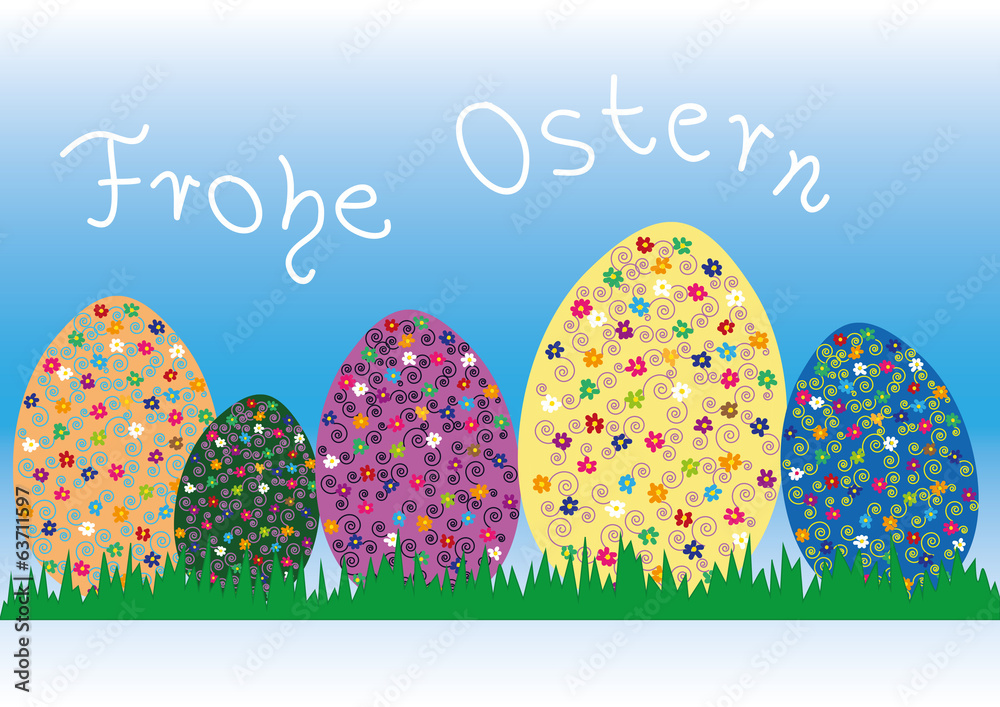 Ostereier mit Blumenmuster - Text Frohe Ostern
