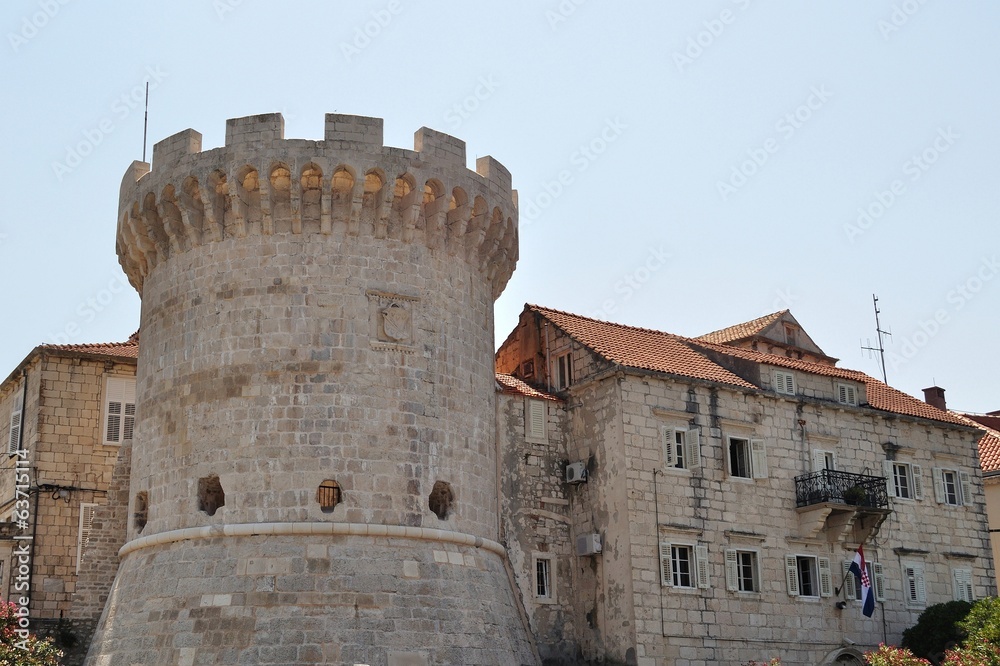 One of the towers in the ancient town wall of Korcula in Croatia
