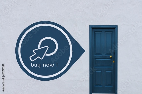 buy now symbol next to a blue door
