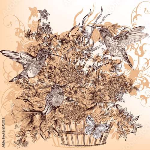 Floral background with luxury bouquet of flowers and humming bir