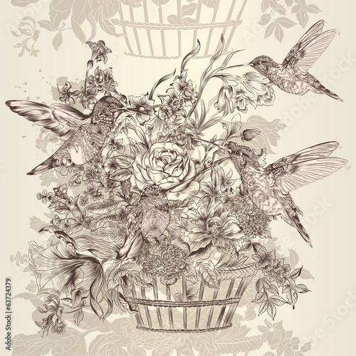 Vector seamless wallpaper pattern with flowers and birds