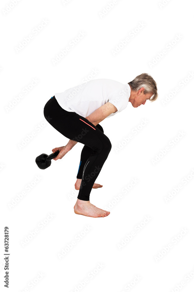 Senior fitness man exercising with weight. Isolated on white.