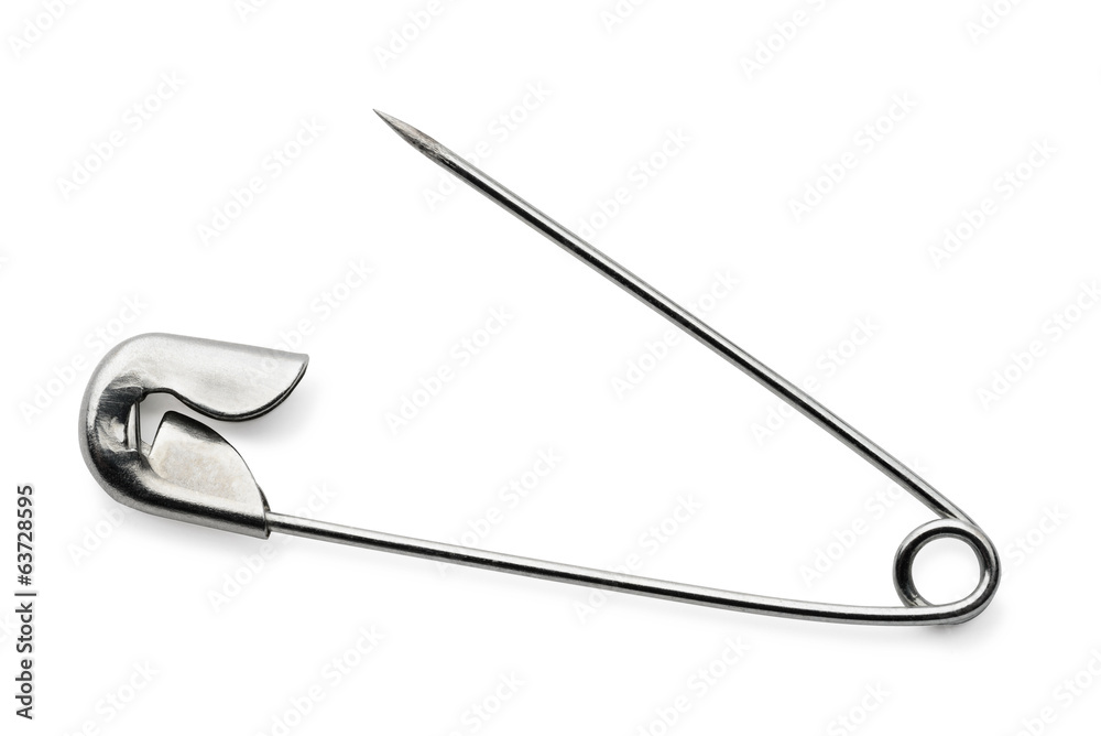 One open safety pin isolated on white background One open safety pin isolated on white background