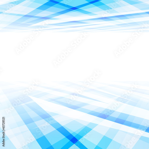 An abstract blue and white background featuring geometric lines that create a sense of perspective and flow, with a large central space for text.