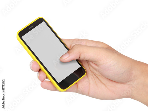 Hand holding mobile smart phone with blank screen