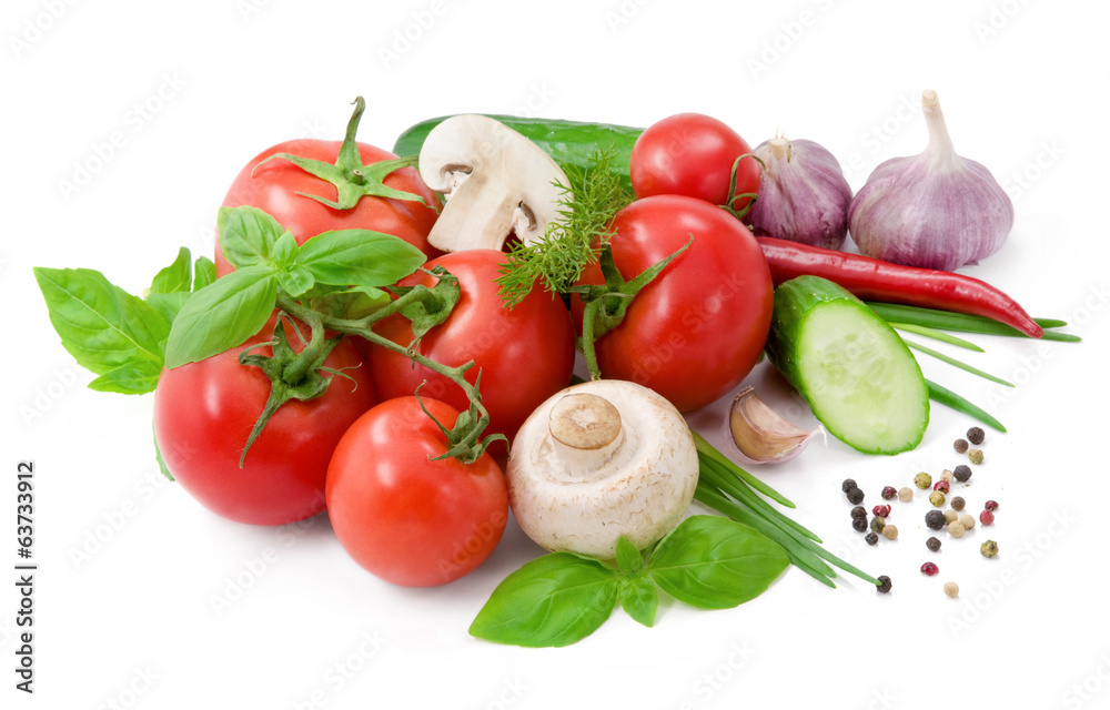 Vegetables for salad with pepper, tomatoes, basil and cucumber Vegetables for salad with pepper, tomatoes, basil and cucumber