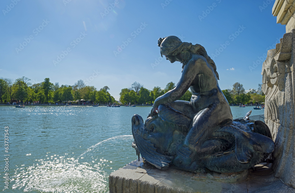 Statue along the Retiro Pond in Madrid