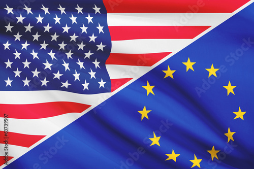 Series of ruffled flags. USA and European Union.