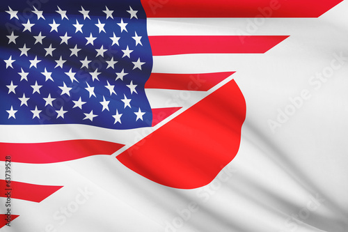 Series of ruffled flags. USA and Japan.