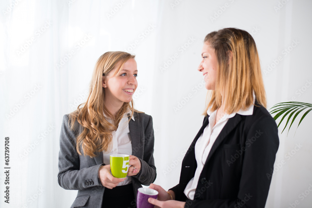 two office coworkers having a coffee break two office coworkers having a coffee break