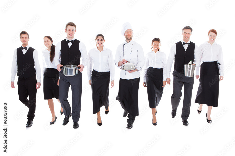 Large group of waiters and waitresses