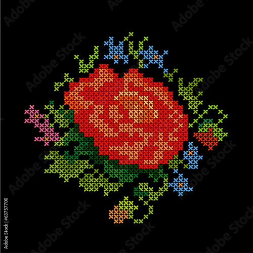 Vintage Embroidery Background, Flower Bouquet Cross Stitch