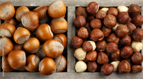Hazelnuts in wooden box