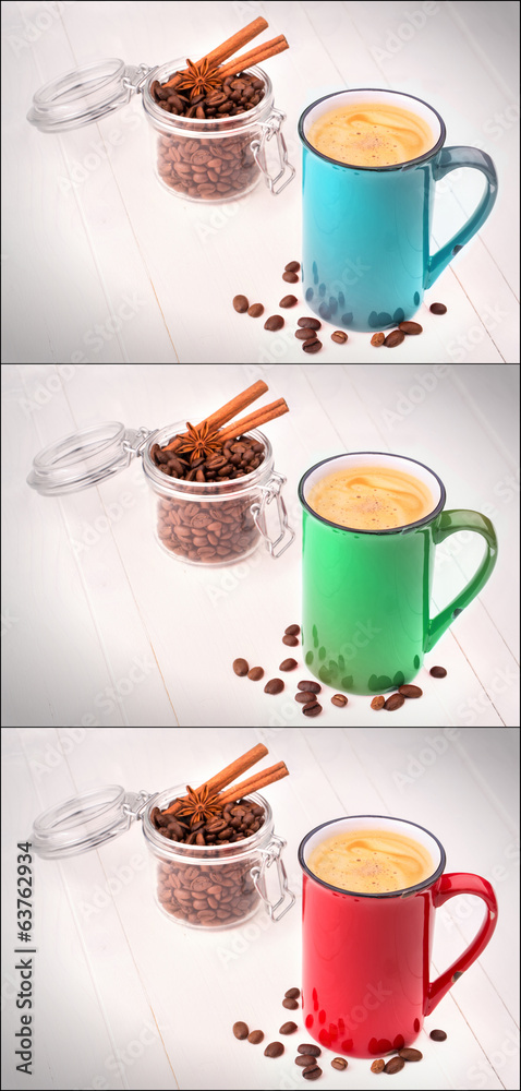 Obraz premium red, green and blue cup of Coffee set