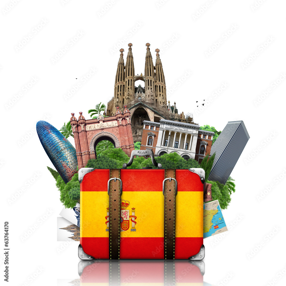 Obraz premium Hiszpania, zabytki Madrytu i Barcelony, walizka podróżna