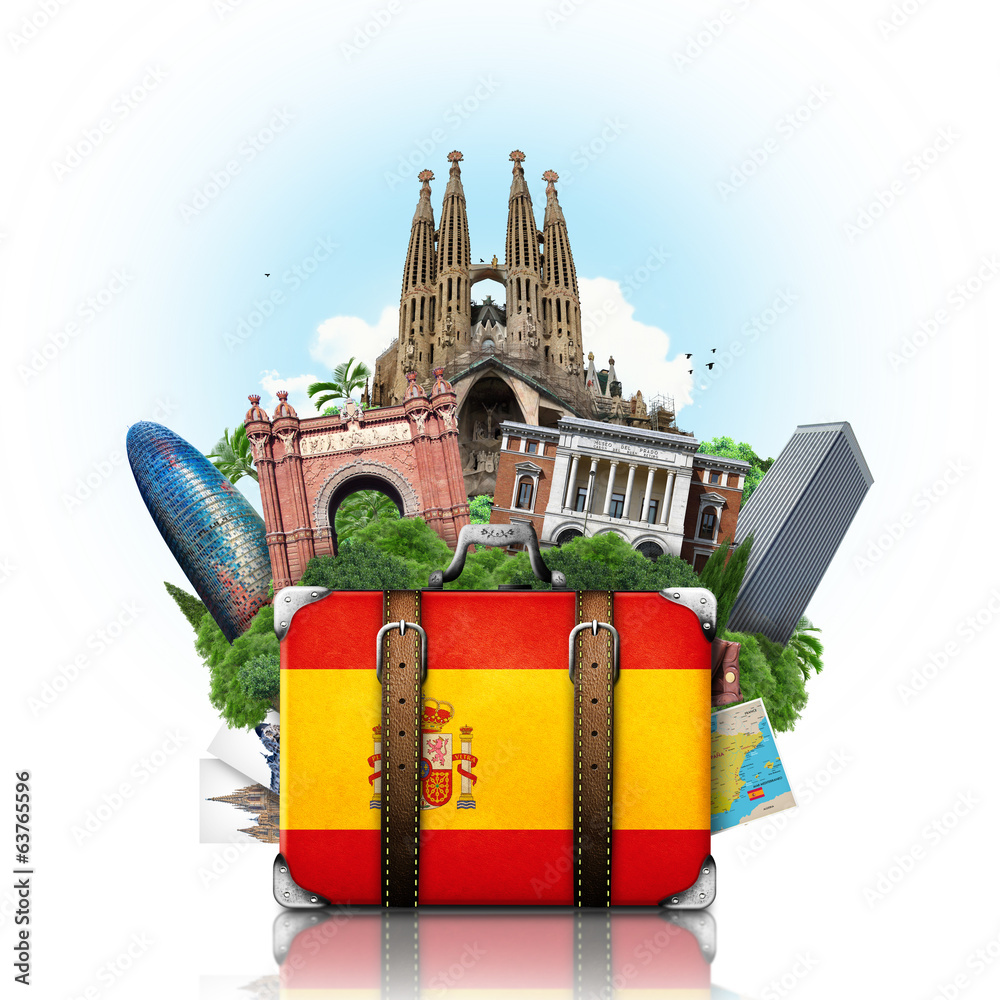 Naklejka premium Hiszpania, zabytki Madrytu i Barcelony, walizka podróżna