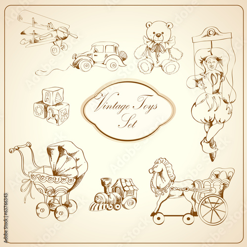 Retro toys drawn icons set