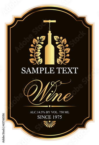 black and gold label with a bottle of wine