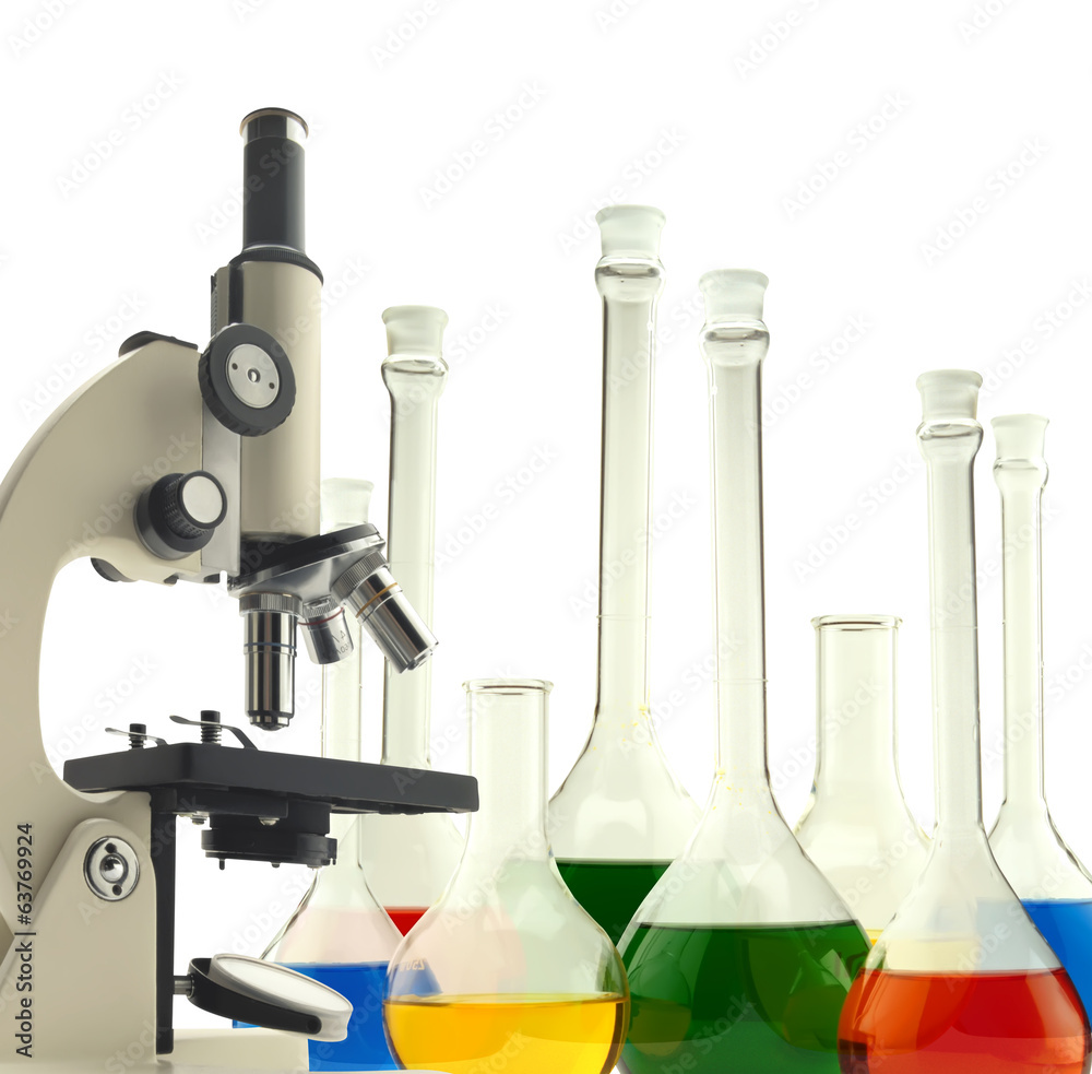 Laboratory metal microscope and test tubes with liquid isolated Laboratory metal microscope and test tubes with liquid isolated