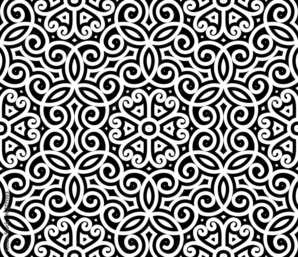 Black and white swirly ornament, seamless pattern