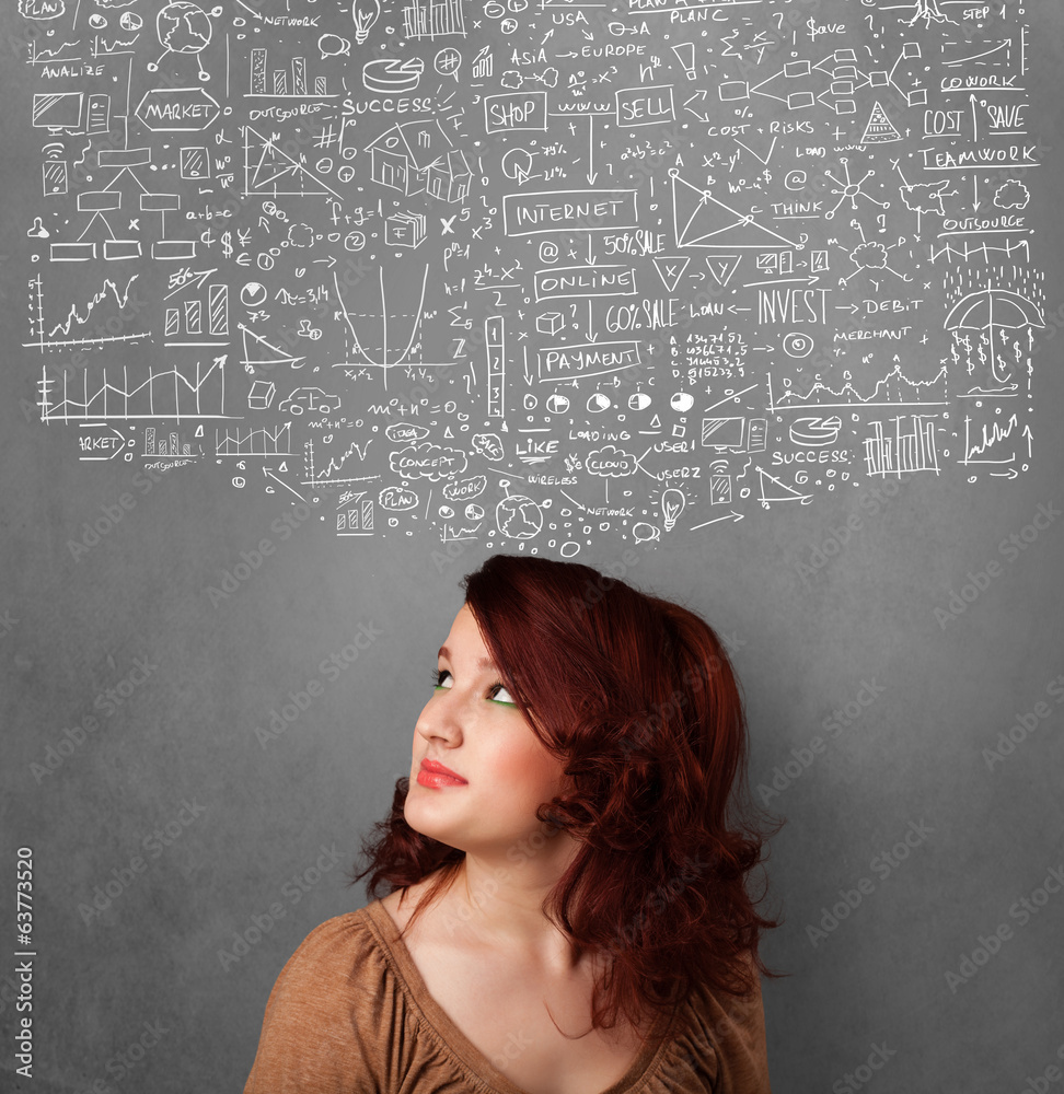 Young woman gesturing with sketched charts above her head Young woman gesturing with sketched charts above her head