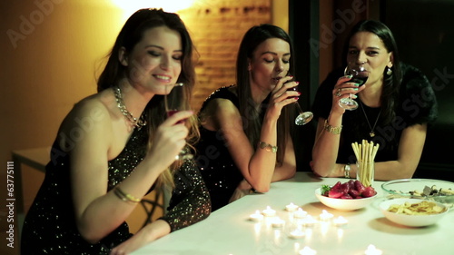 young ladies toasting glasses of wine and smiling to the camera
