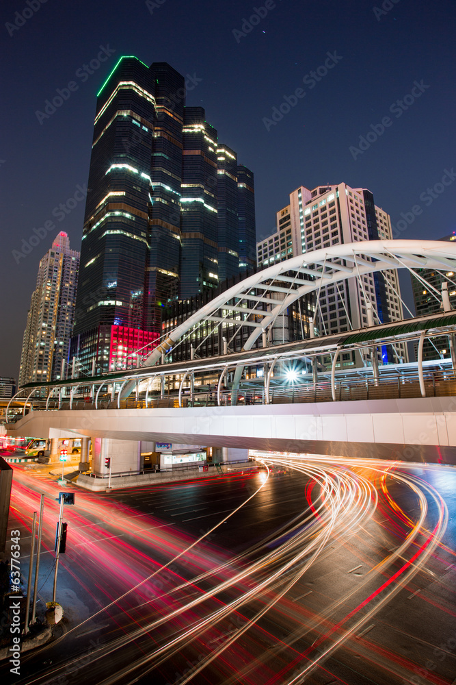 public sky-walk at night in business zone at Bangkok Thailand