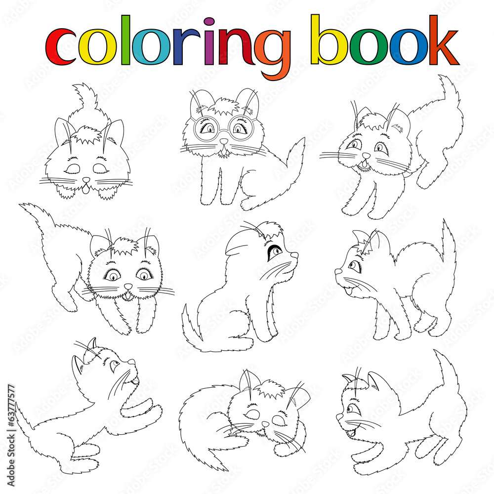 Set of nine playful kittens for coloring book