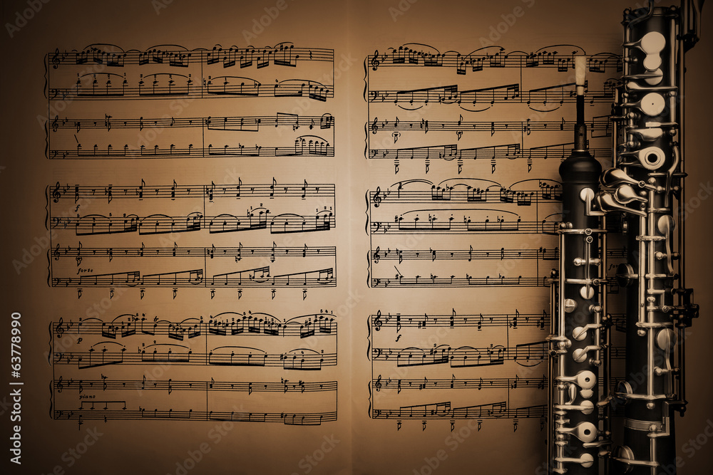 Fototapeta premium Musical instruments music sheet notes oboe