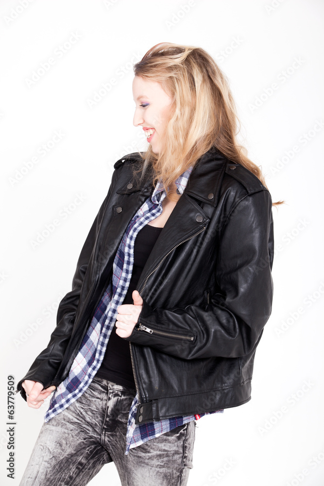 Girl in leather jacket is having fun Girl in leather jacket is having fun