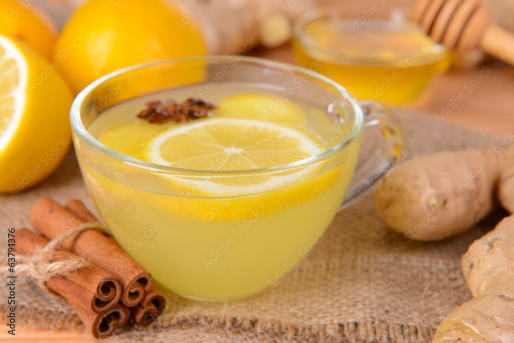 Healthy ginger tea with lemon and honey on table close-up Healthy ginger tea with lemon and honey on table close-up