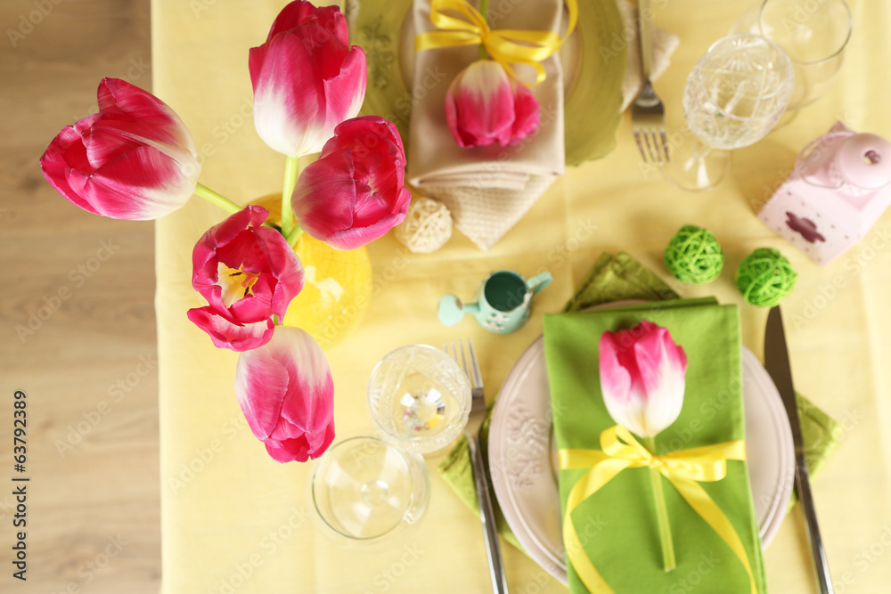 Beautiful spring table setting, top view