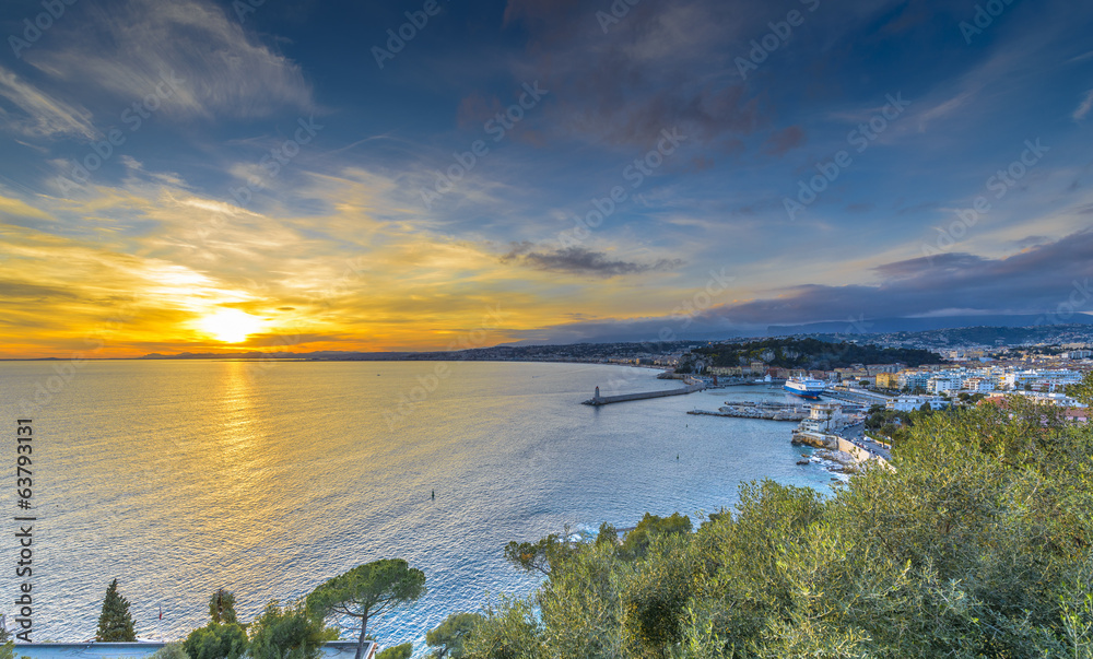 Aerial view of beach in Nice at sunset
