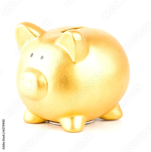 gold piggy bank isolated white background photo