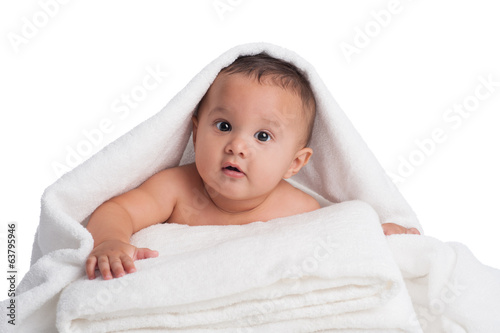 Baby Boy Peeking Out From Under a White Towel