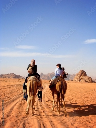 Women ride camels in desert