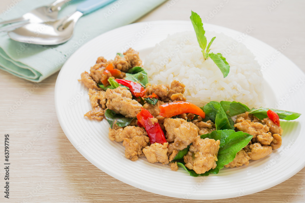 Basil fried rice with pork, Thai food Basil fried rice with pork, Thai food